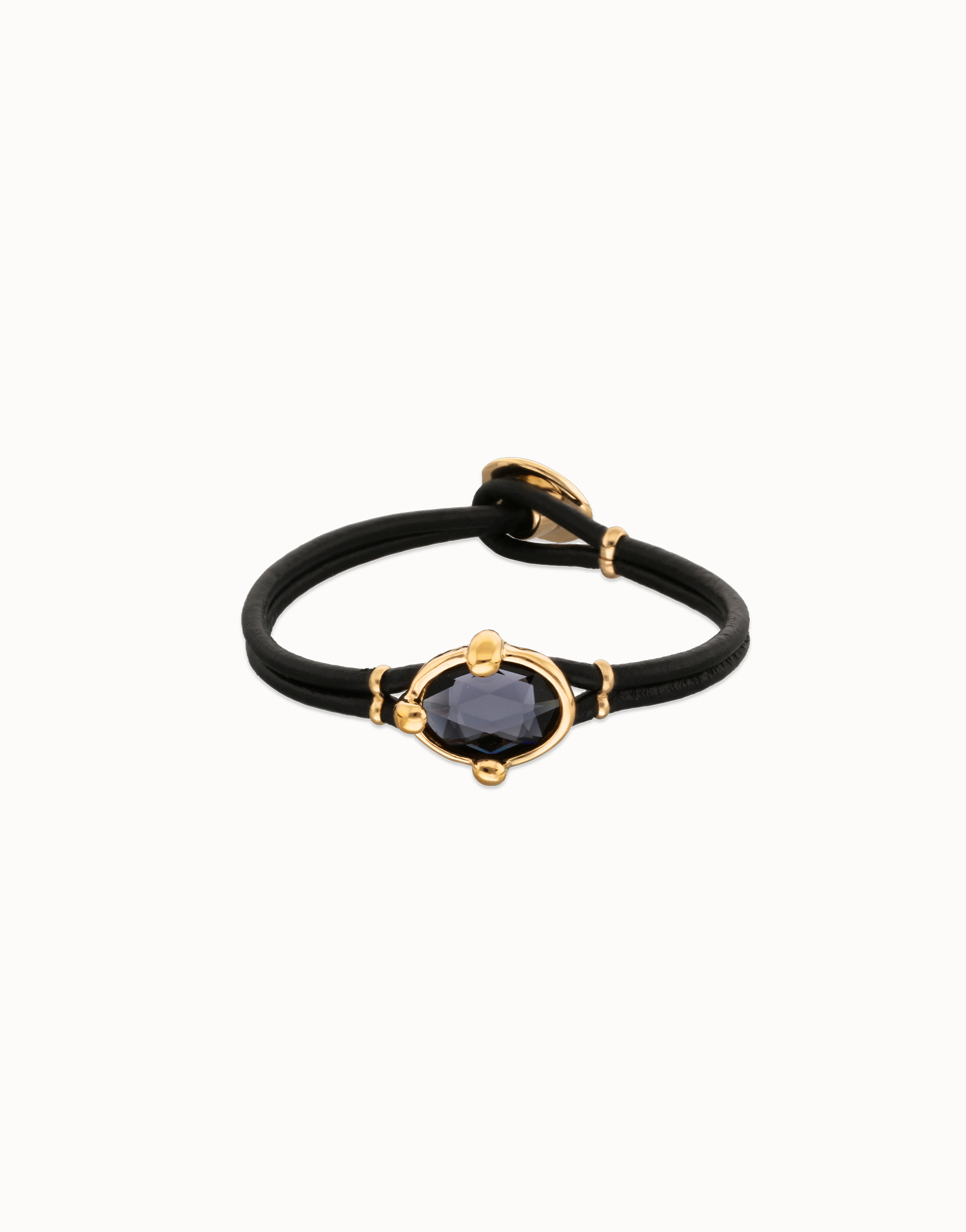 Pulsera de cuero y baño en 18k con cristal facetado ovalado negro, Dorado, large thumbnail